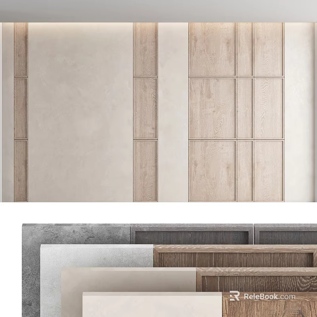 Modern Background Wall Design With Wooden And Stone Textured Spliced Panels 3d model 