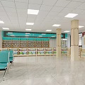 Modern Pharmacy Interior With SPS Sign Wooden Pillars Shelves Ceiling Lights And Glass Door