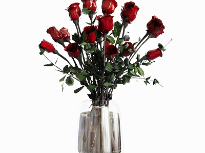 Red Roses Arrangement in Clear Glass Vase with Green Leaves and Stems 3d model