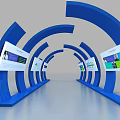 Modern Tech Style Exhibition Display With Blue Curved Structures And Welcome Sign