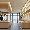 Restaurant Kitchen Interior With Service Counter Staff And Digital Menu Screen