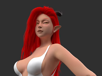 Woman with Long Red Hair Horns and Pointed Ears in White Bikini 3d model
