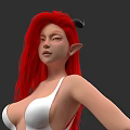 Woman with Long Red Hair Horns and Pointed Ears in White Bikini