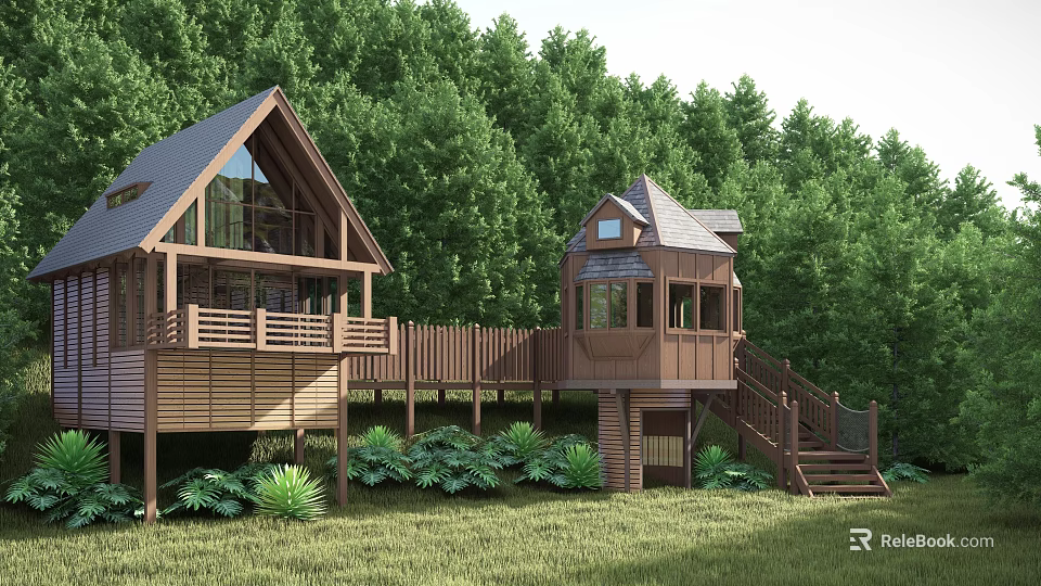 Wooden Cabin Surrounded by Lush Green Forest With Deck Stairs and Gabled Roof 3d model 
