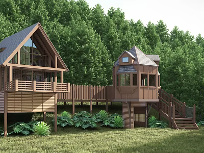 Wooden Cabin Surrounded by Lush Green Forest With Deck Stairs and Gabled Roof 3d model