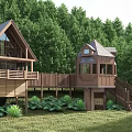 Wooden Cabin Surrounded by Lush Green Forest With Deck Stairs and Gabled Roof