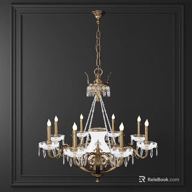 Elegant Gold Chandelier With Crystal Decorations And Candle Shaped Bulbs On Dark Wall Background 3d model 