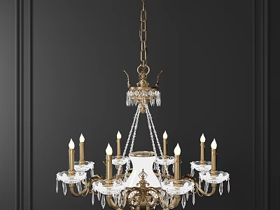 Elegant Gold Chandelier With Crystal Decorations And Candle Shaped Bulbs On Dark Wall Background 3d model