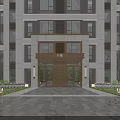 Modern Luxury Residential Building Entrance Gate With Wooden Door Glass Panels And Landscape Lighting