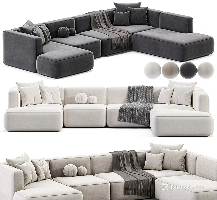 Modern Sectional Sofa With Neutral Color Options Decorative Pillows And Soft Throw Blanket 3d model 