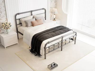 Modern Metal Frame Double Bed With Pillows Black Blanket Nightstands And White Wall 3d model