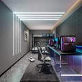 Modern Hotel Guest Room Corridor With Glass Doors Blue Ceiling And Gray Floor Tiles