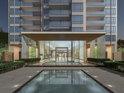 Modern High Rise Apartment Main Entrance With Glass Canopy Water Pool And Landscaped Plants 3d model