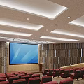 Modern Conference Room Interior With Large Screen Seats Wooden Wall Panels And Ceiling Lighting