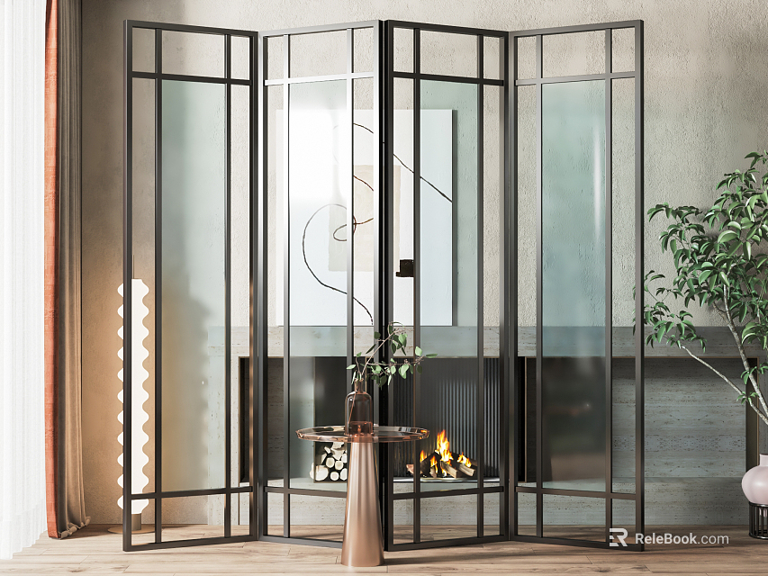 Modern Glass Room Divider With Black Metal Frame In Interior With Fireplace Flames And Plant 3d model 