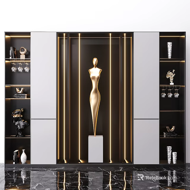 Modern Decorative Cabinet Featuring Golden Sculpture And Glass Display Shelves 3d model 