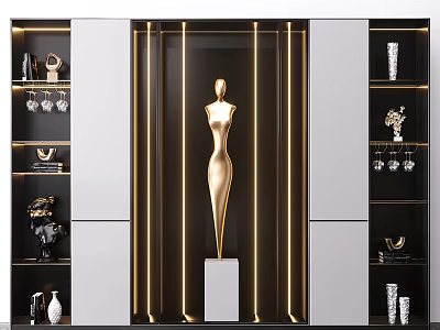 Modern Decorative Cabinet Featuring Golden Sculpture And Glass Display Shelves 3d model