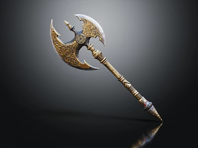 Ornate Ancient Battle Axe With Gold Silver Design And Intricate Carved Handle 3d model