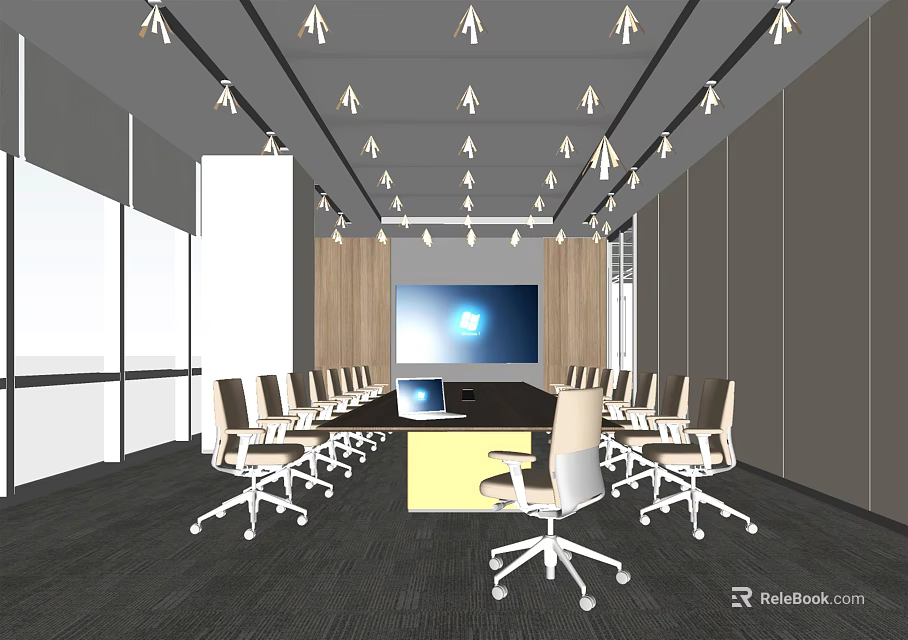 Modern Meeting Room Interior With Long Conference Table Large Screen And Ceiling Lights 3d model
