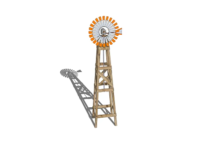 Classic Windmill Building Component With Wooden Tower And Orange White Blades 3d model