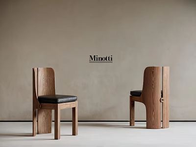 Minotti Modern Wooden Dining Chairs With Black Cushions In Neutral Interior 3d model