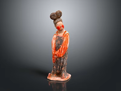 Ancient Chinese Painted Pottery Figure With Traditional Bun Hairstyle Red Robe 3d model