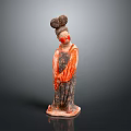 Ancient Chinese Painted Pottery Figure With Traditional Bun Hairstyle Red Robe