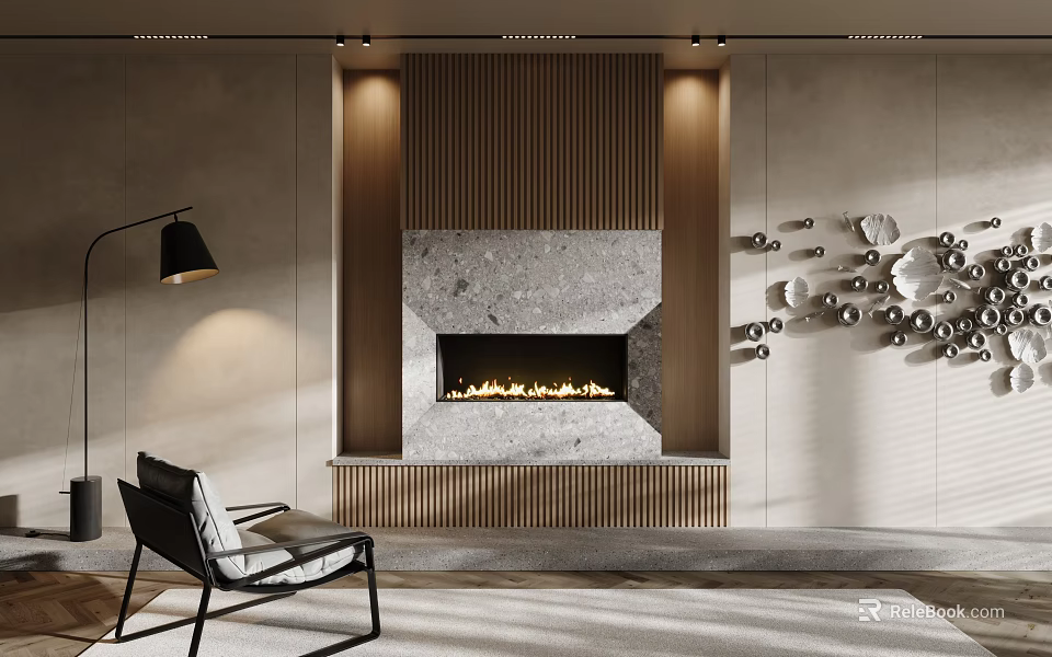 Modern Fireplace Design With Wooden Slats Stone Surround Burning Flames And Wall Decor 3d model 