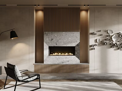Modern Fireplace Design With Wooden Slats Stone Surround Burning Flames And Wall Decor 3d model