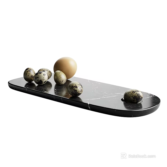 Fresh Large Egg And Quail Eggs Arranged On Black Marble Tray 3d model