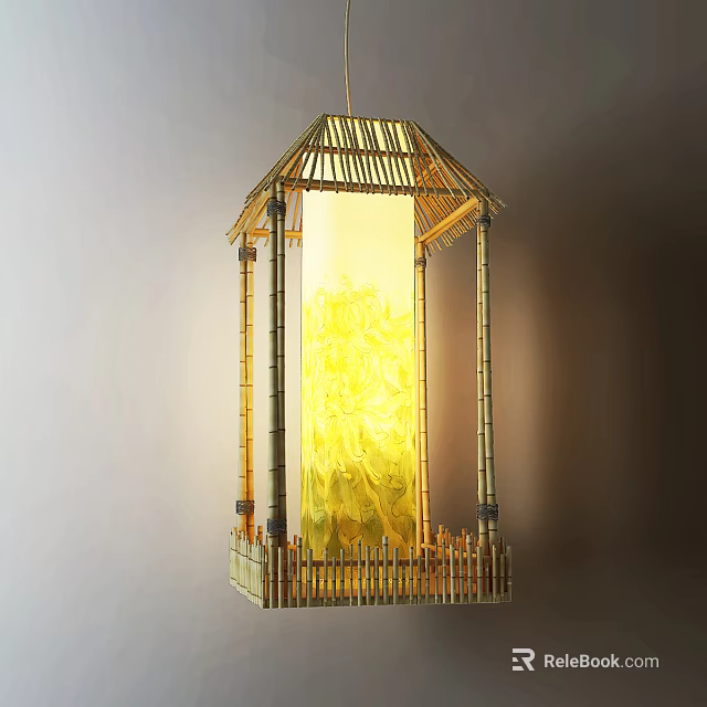 Unique-shaped Pendant Light With Bamboo Structure Pagoda Like Design And Yellow Translucent Shade 3d model 