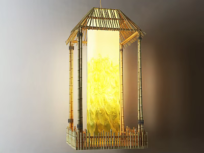 Unique-shaped Pendant Light With Bamboo Structure Pagoda Like Design And Yellow Translucent Shade 3d model