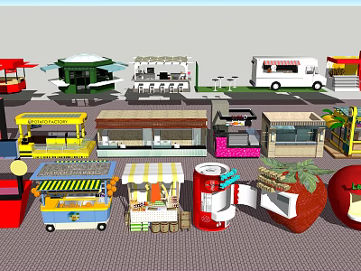 Colorful Street Food Carts And Stalls With Fruit Themed Designs And Outdoor Setup 3d model