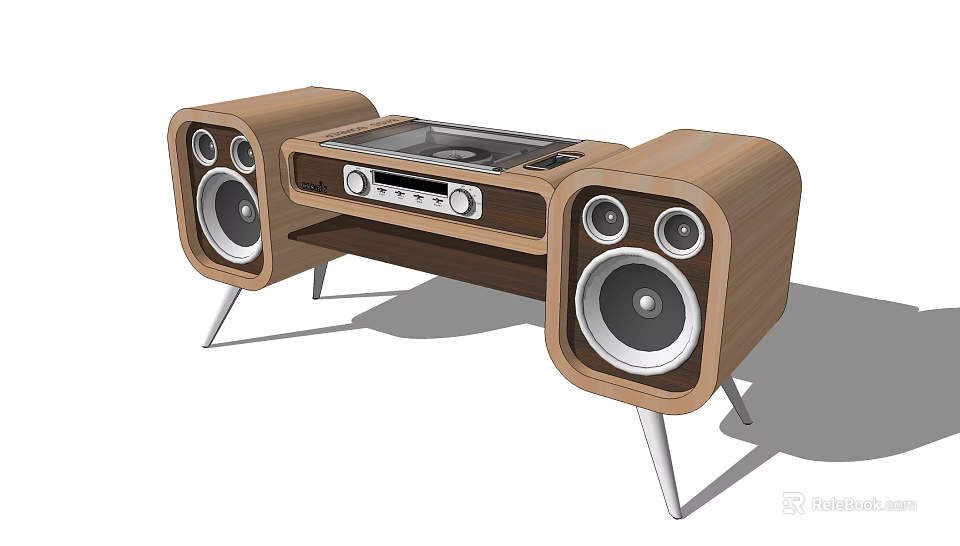 Modern Wooden Storage Shelf With Metal Legs And Audio Equipment Design 3d model 