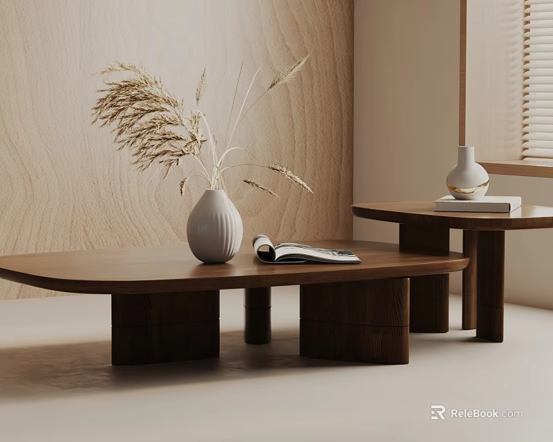 Modern Wooden Coffee Table Set With White Vase Dried Flowers And Open Book 3d model 