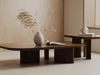 Modern Wooden Coffee Table Set With White Vase Dried Flowers And Open Book 3d model