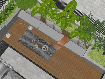 Modern Courtyard Garden Design With Wooden Deck Gray Sofa Fire Pit And Large Green Plants 3d model