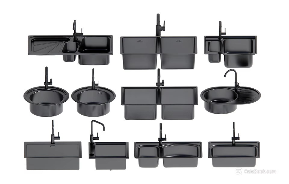Black Kitchen Sinks In Various Styles With Faucets For Modern Kitchen Design 3d model