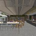 Modern Supermarket Interior With Welcome Sign Shelves Products Checkout Counter And Stools