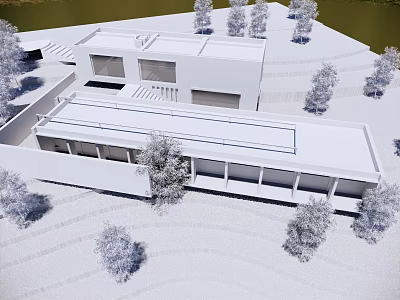Modern Detached Villa Exterior With Flat Roof And Lush Surrounding Trees 3d model