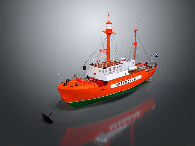 Orange And Green Ship With Two Masts And Clear Reflection 3d model
