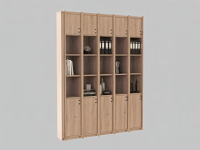 Wooden Wardrobe With Multiple Cabinet Doors And Open Shelves Storing Books And Decorative Items 3d model