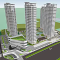 Modern High Rise Hotel Complex Exterior With Landscaping Roads And Parking Area