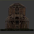 Wooden Architectural Model With Two Story Frame And Arched Design On Green Base