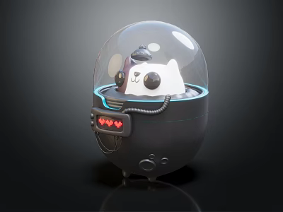 Smart Machine With Transparent Dome White Cat Black Body Blue Ring Light Red Indicator Light 3d model