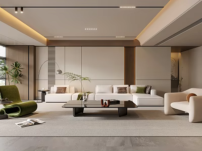 Modern Living Room Interior Design With White Sofa Green Accent Chair Coffee Table And Plants 3d model