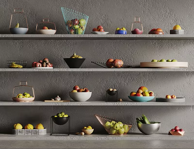 Fresh Assorted Fruits Displayed In Bowls Baskets And Plates On Multi Layered Gray Shelves 3d model
