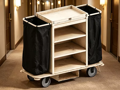 Hotel Utility Cart With Multiple Shelves Black Fabric Bags And Wheels 3d model