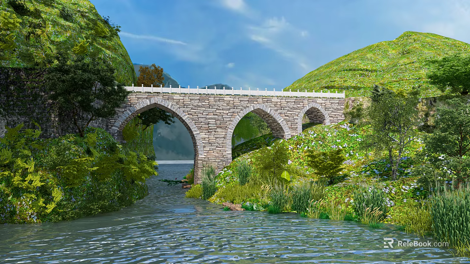 Stone Arch Bridge Surrounded by Green Mountains and River with Trees and Vegetation 3d model 