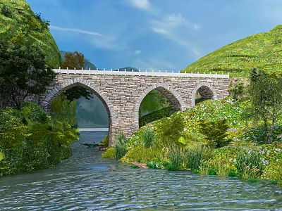 Stone Arch Bridge Surrounded by Green Mountains and River with Trees and Vegetation 3d model